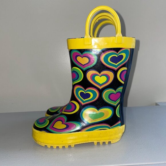Kids Size 5 Heart Pattern Rain Boots Yellow Handles Soles Rubber Colorful Design - Picture 3 of 6